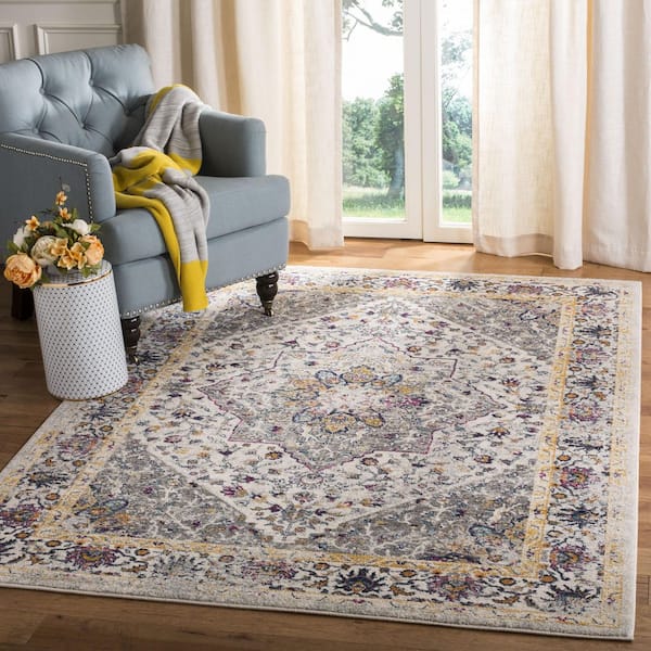 Evoke Ivory/Gray Doormat 3 ft. x 5 ft. Floral Medallion Area Rug