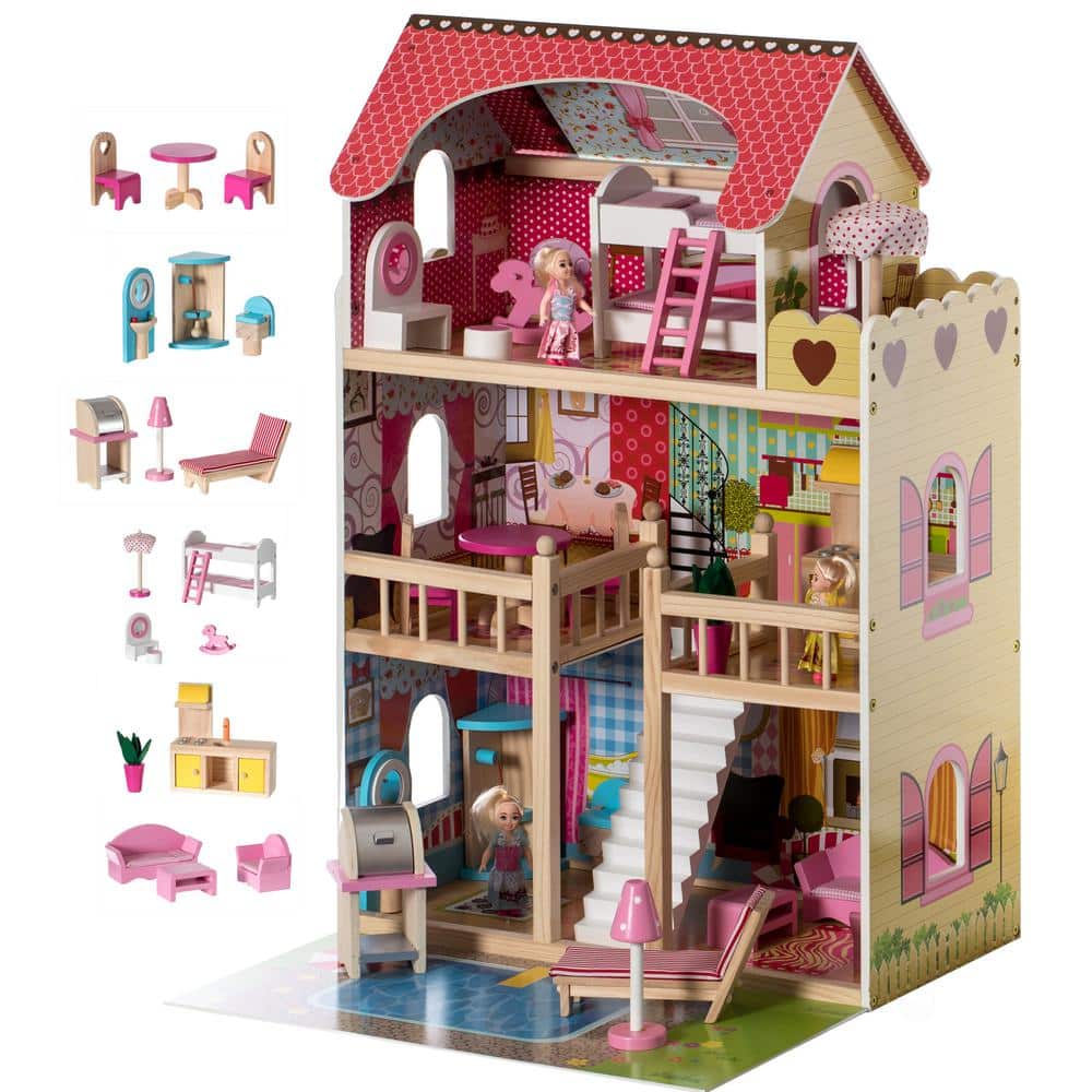 Gardenised Wooden Doll House with Toys and Furniture Accessories with LED Light for Ages 3 plus QI004210 - The Depot
