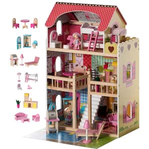Wooden Doll House with Toys and Furniture Accessories with LED Light for Ages 3 plus