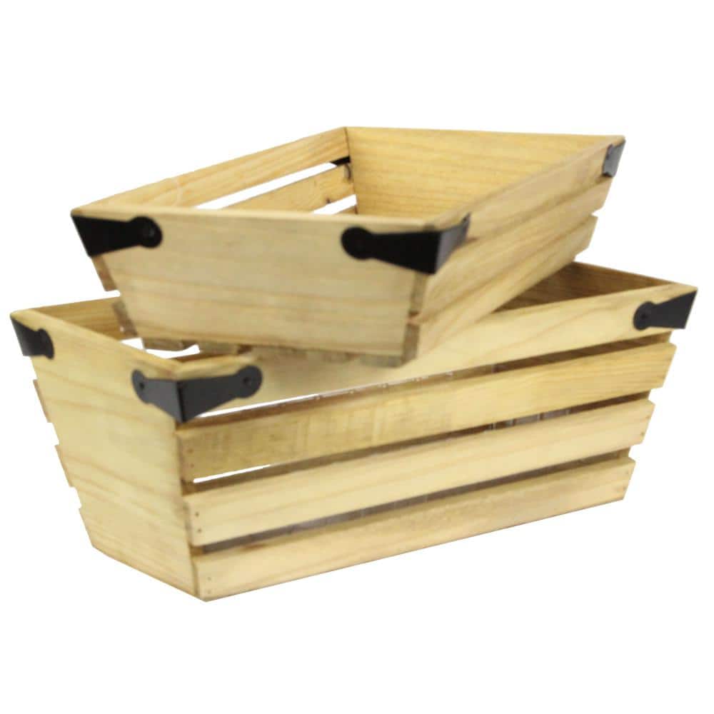 5 in. and 3 in. Tall Natural Wood Rectangle Crate Planter Pot with Metal Co