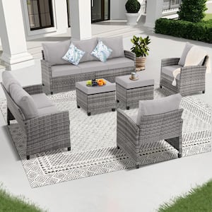 6-Piece Gray Wicker Outdoor Conversation Set with Gray Cushions for Garden Backyard