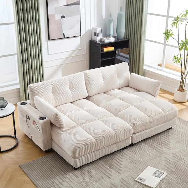 91 in. Corduroy Tufted Chaise Lounge Sectional Sofa in. Black with USB Ports Cup Holders and Pillows Adjustable Headrest