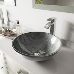 Glass Round Vessel Bathroom Sink in Silver with Duris Faucet and Pop-Up Drain in Chrome