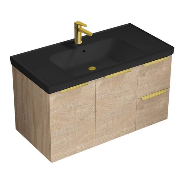 Frame 35.4 in. Modern Freestanding Bath Vanity in Brown Oak with Matte Black Ceramic Top