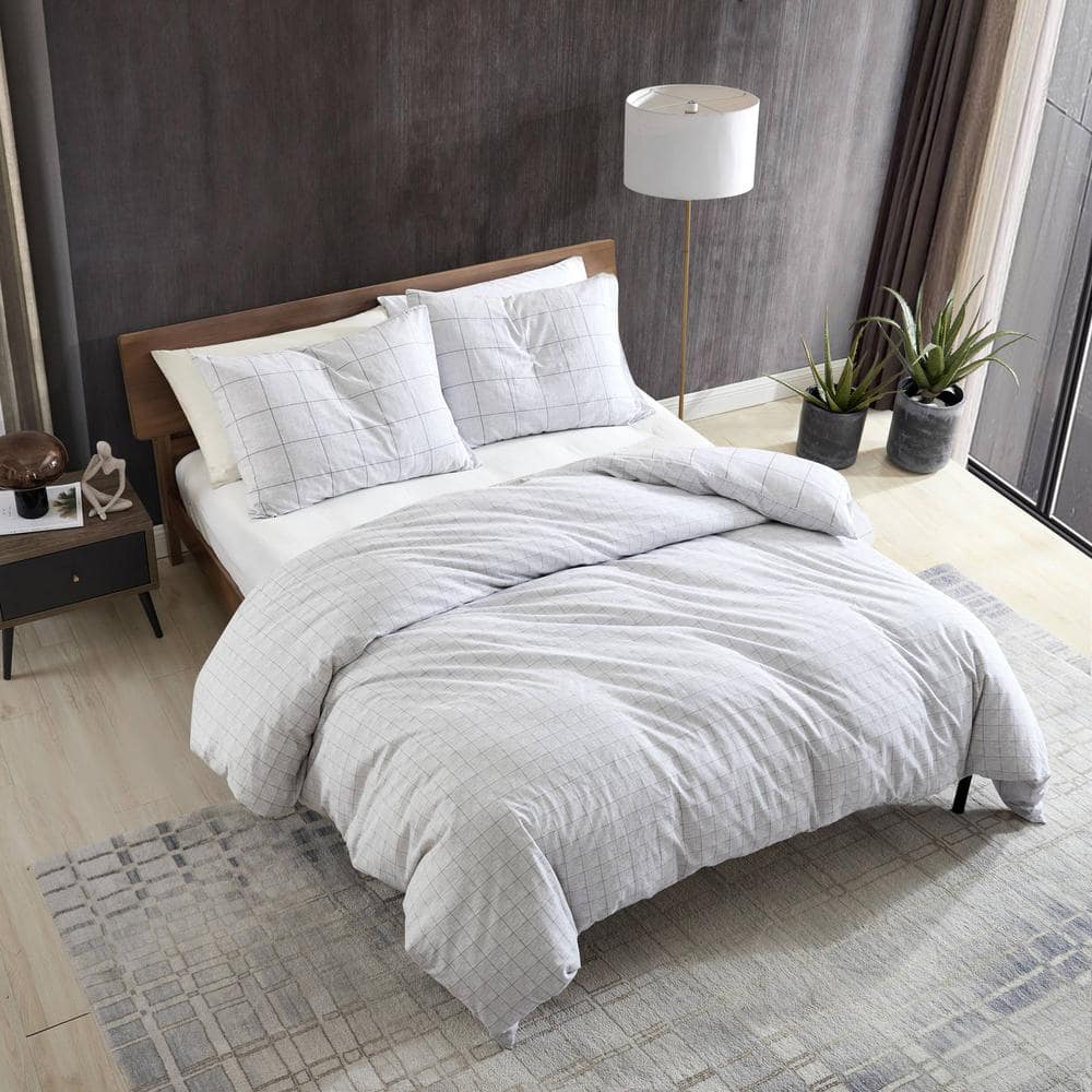 Holden Grid Grey Cotton Full/Queen Duvet Cover Set