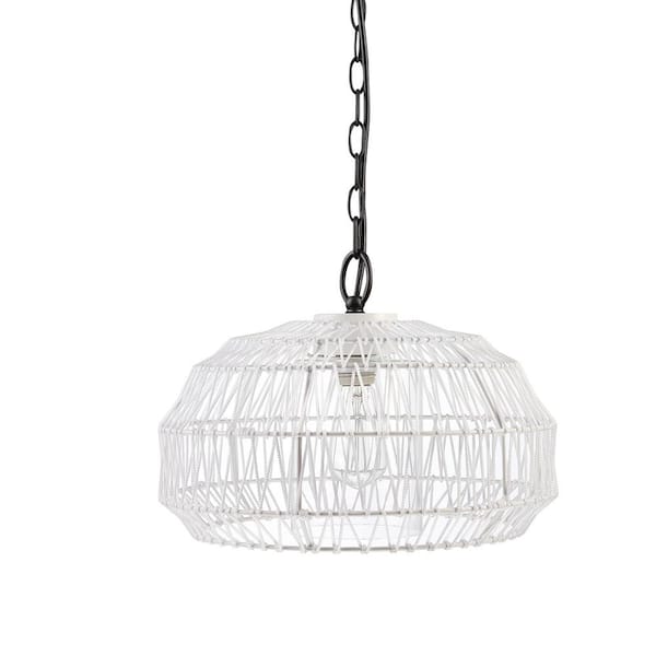 Novogratz x Globe Electric 1-Light White Outdoor Indoor Plug-In Pendant Light Diego with Woven Fabric Shade and Designer Fabric Hanging Cord