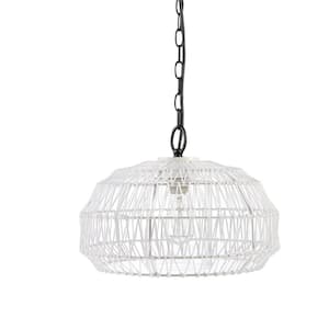 1-Light White Outdoor Indoor Plug-In Pendant Light Diego with Woven Fabric Shade and Designer Fabric Hanging Cord