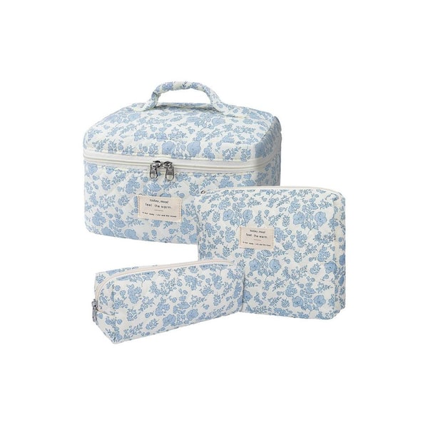 Blue Flower Quilted Makeup Bag Set for Women, Large Floral Cosmetic Organizer with Cotton Travel Toiletry Bags
