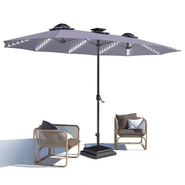 15 ft. Outdoor Large Double Market Patio Umbrella with Solar Lights, LED Lights and Crank Handle in Dark Grey