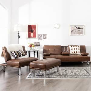 66 in. 3-Piece Sectional Sofa Set Armless 4-Seater Convertible Futon with Single Sofa and Ottoman Brown