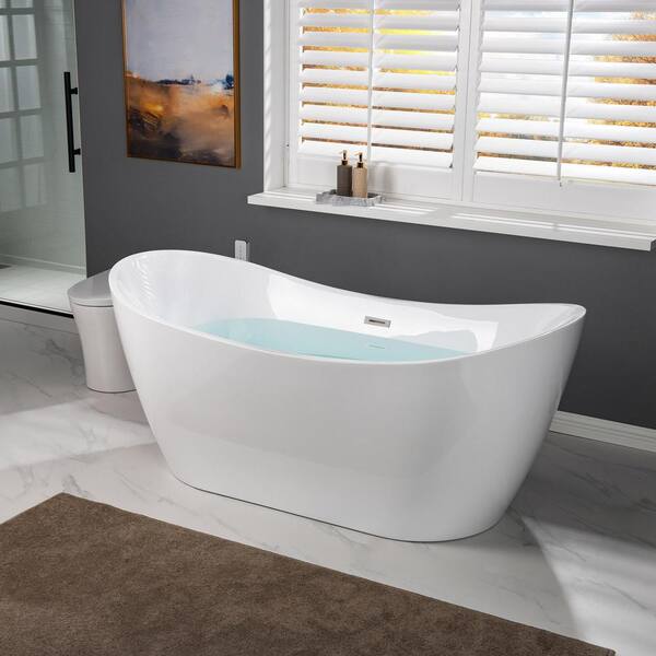 Saber 67 in. Acrylic Freestanding Double Slipper Flat Bottom Soaking Bathtub with Drain and Overflow Included in White Saber 67 in. Acrylic Freestanding Double Slipper Flat Bottom Soaking Bathtub with Drain and Overflow Included in White