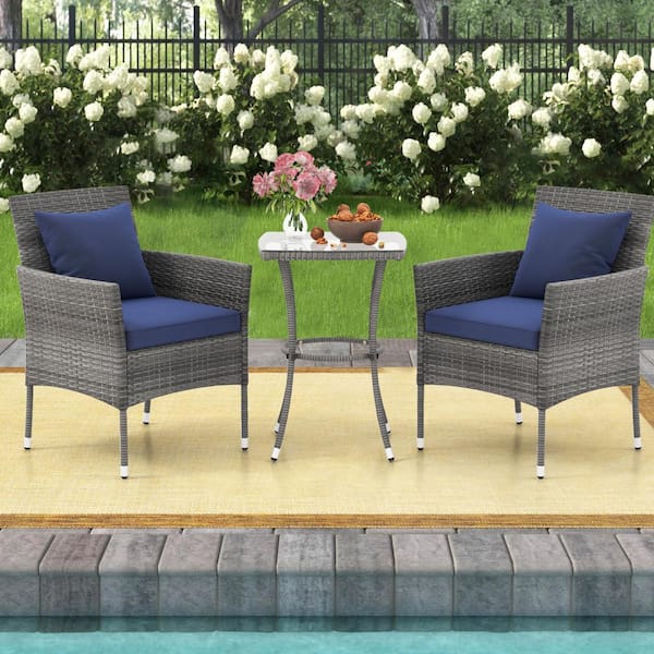 Liviza 3 Pieces Wicker Patio Conversation Set with Navy Cushion