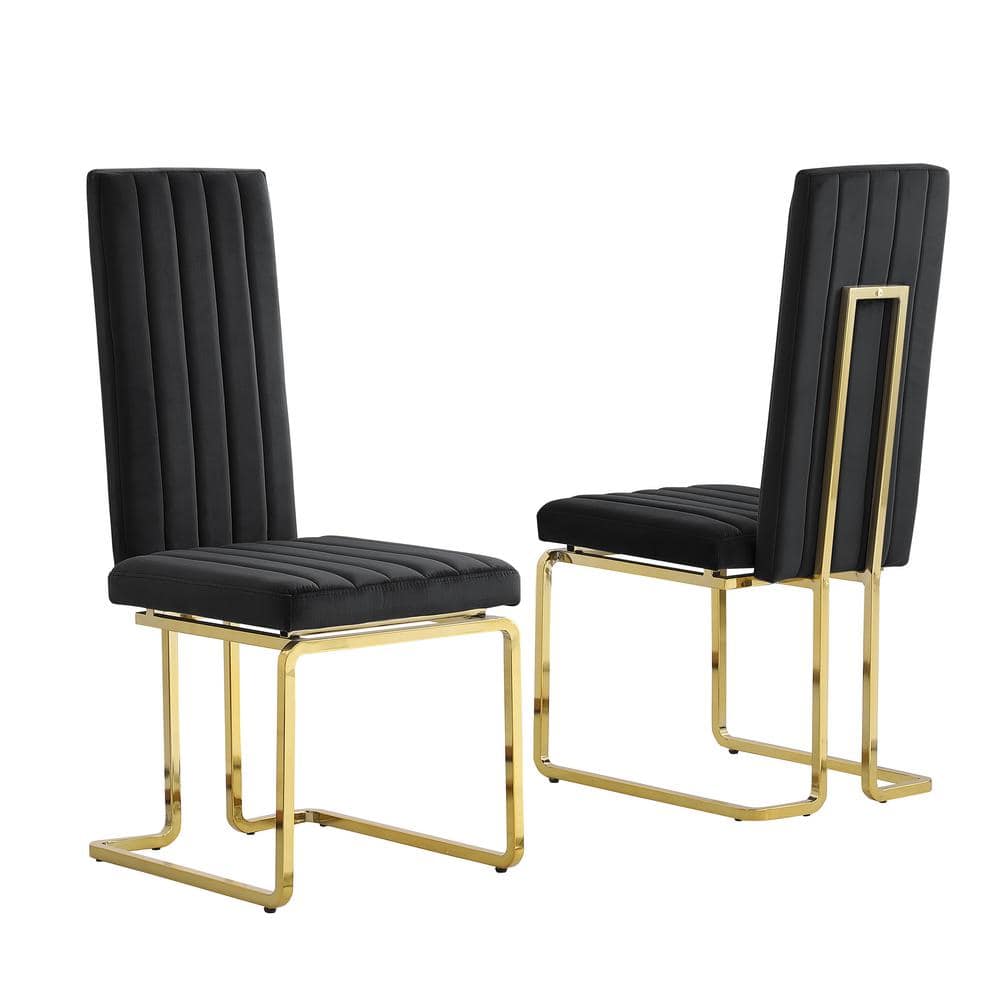 Best Quality Furniture Jana Black Velvet Fabric Vertical Line Design Gold Chrome Iron Side Chair (Set of 2)