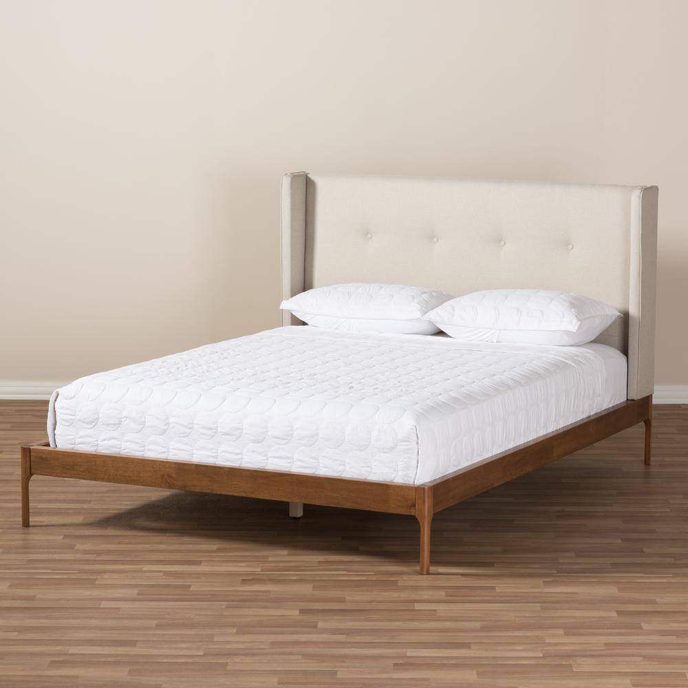 Brooklyn Mid-Century Walnut Wood Upholstered Full Bed with Tufted Headboard