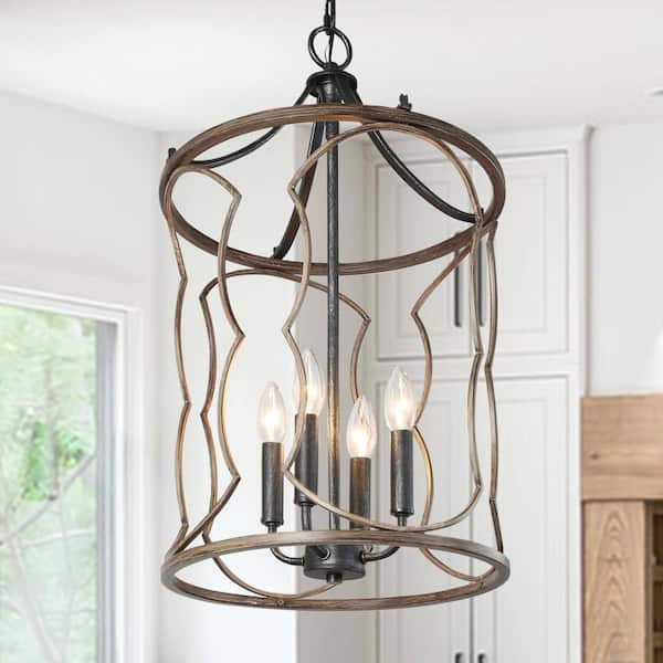 Industrial Farmhouse 40-Watt 4-Light Black Brushed Silver Drum Cage Pendant Light with Wooden Textured Accent