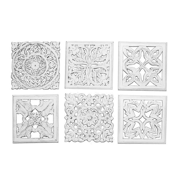 Benjara White Wooden Framed Intricate Carved Sculpture Wall Art Panel (Set of 6)