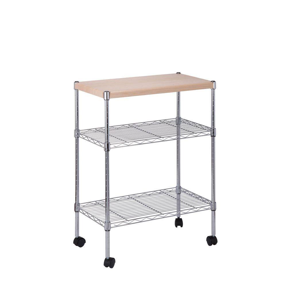 HoneyCanDo Chrome 3Tier Kitchen Cart with Wood Top CRT04346