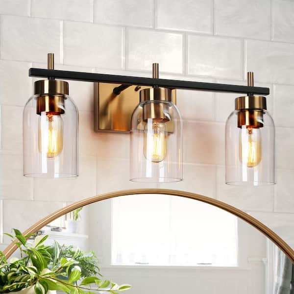 20 in. Modern 3-Light Brass Gold Bathroom Vanity Light, Rustic DIY Black Bath Lighting with Cylinder Clear Glass Shades