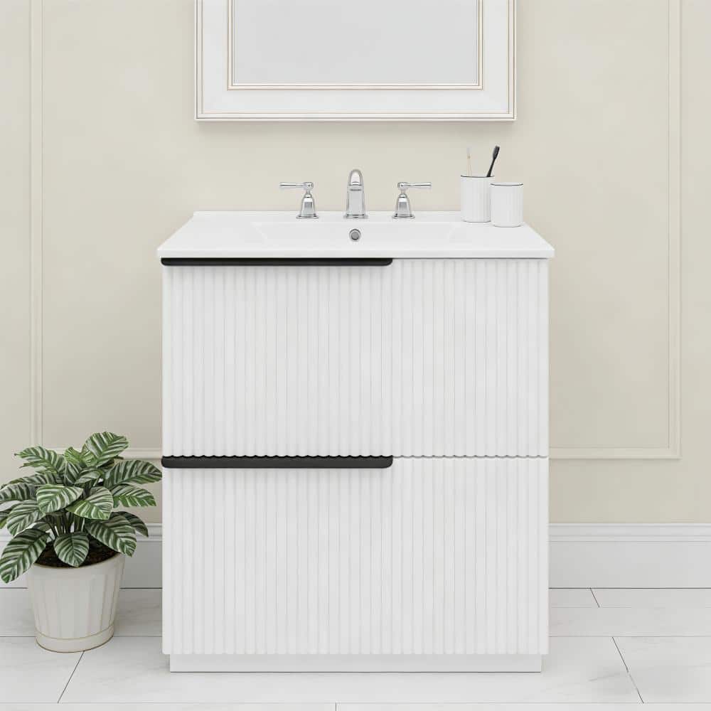 30 in. W White Freestanding Bathroom Vanity with Ceramic Sink, Full-Extension Soft-Close Drawers and Fluted Design price history on PriceWatchPro