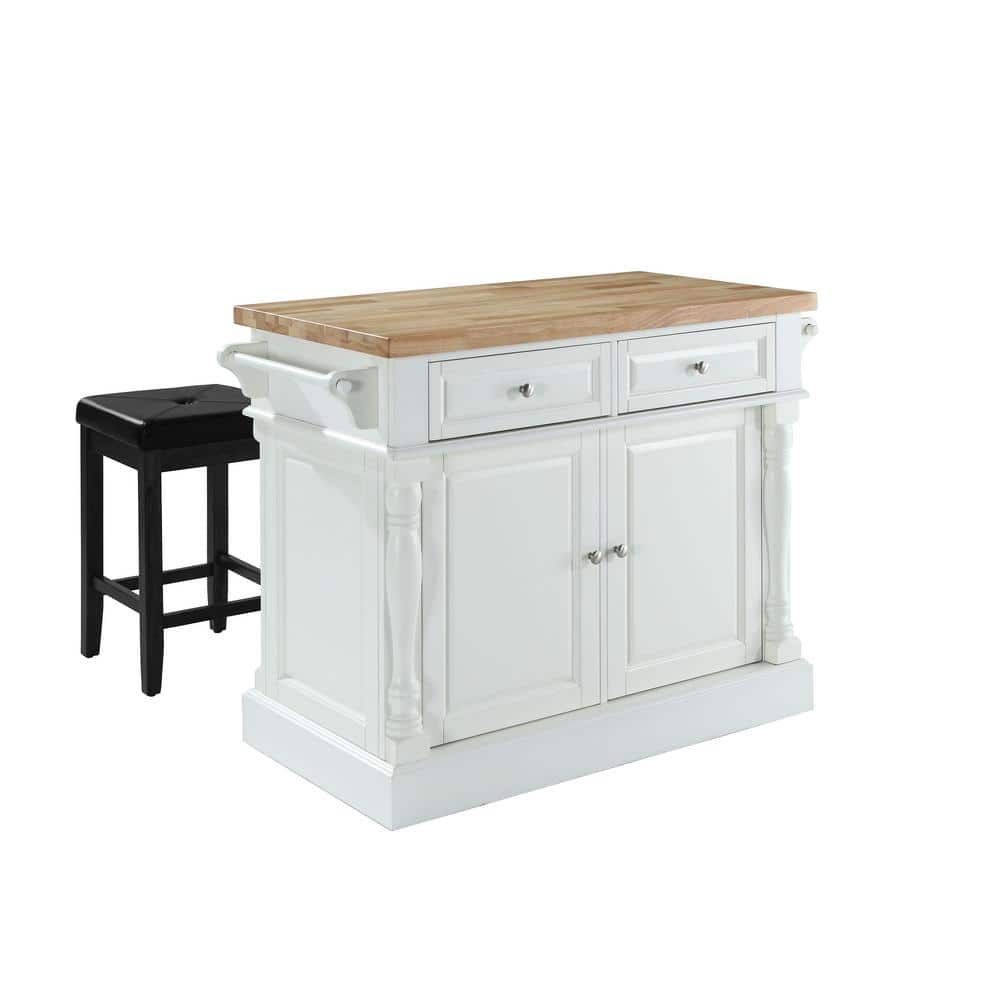 White Wood Kitchen Island with Black Stools