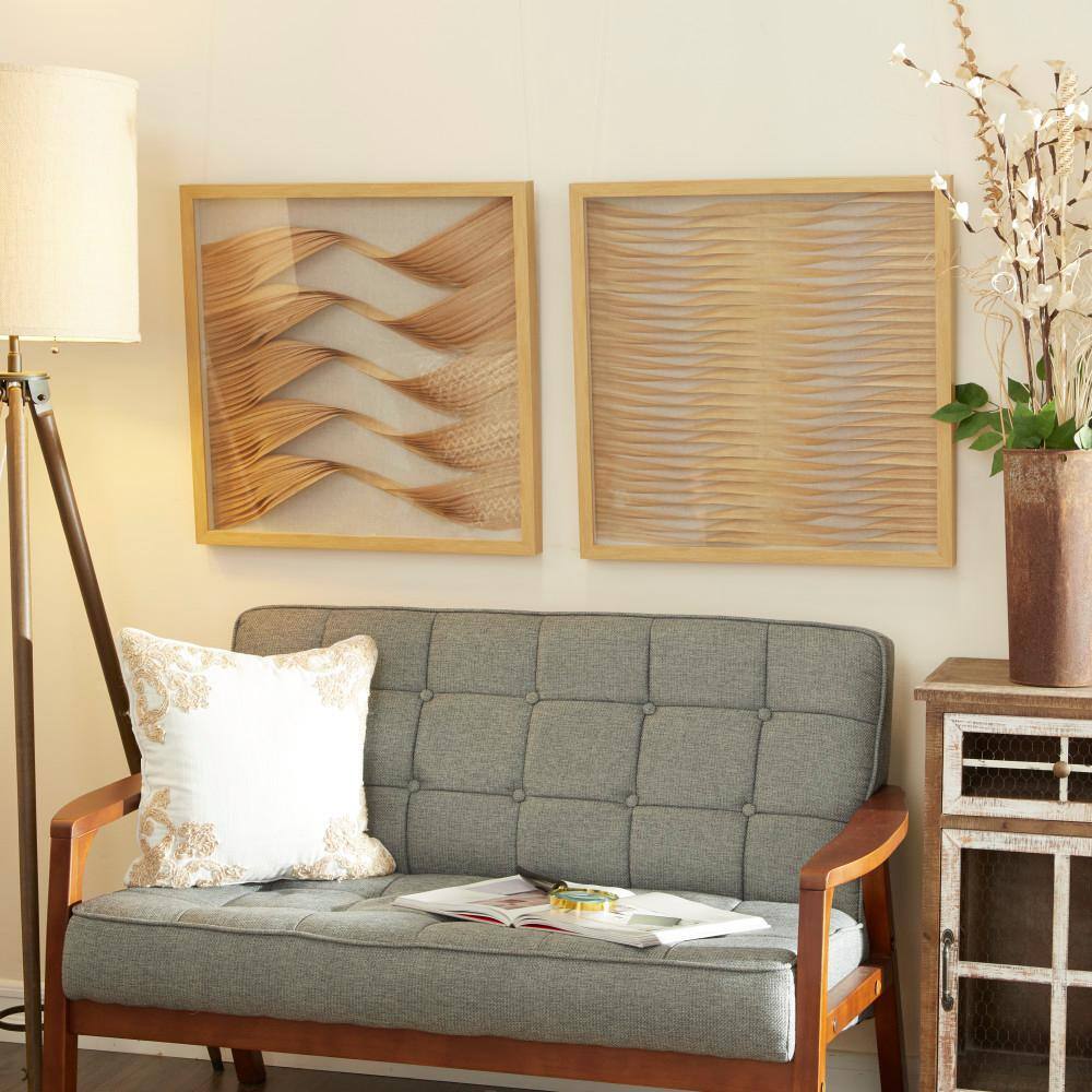 Large Brown Wood and Rattan Shadow Box Wall Art Set