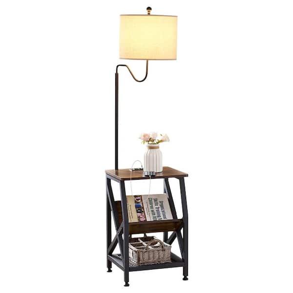 Unbranded 59 in. Brown Antique MDF End Table with Floor Lamp with Velcro Cloth Lampshade Rotated 360° Table Light