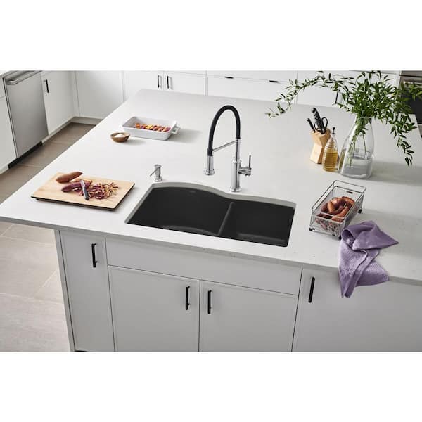 Blanco Diamond Undermount Granite Composite 32 In 60 40 Double Bowl Kitchen Sink In Anthracite 440179 The Home Depot