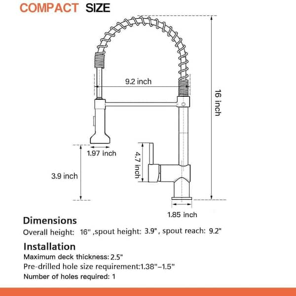 16 in. H x 9.2 in. W x 1.85 in. D Matte Black Single Handle Spring Kitchen Sink Faucet with Pull Down Sprayer