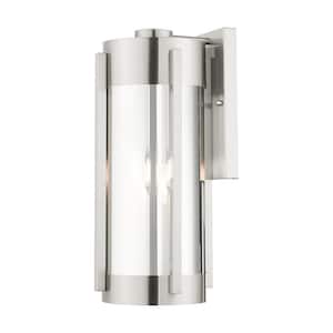 Rockridge 18.75 in. 3-Light Brushed Nickel Outdoor Hardwired Wall Lantern Sconce with No Bulbs Included