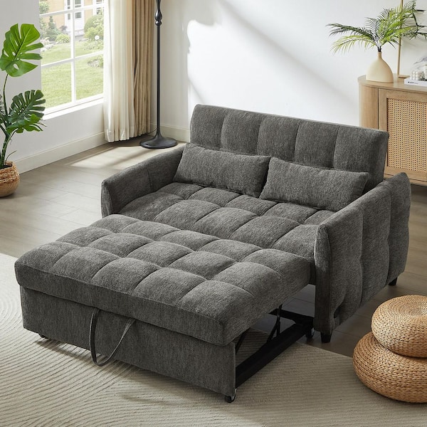52.8 in Round Arm Chenille Rectangle Pull-out Sofa Bed with Adjustable Backrest, 3 USB Ports, 2-Pillows in Gray
