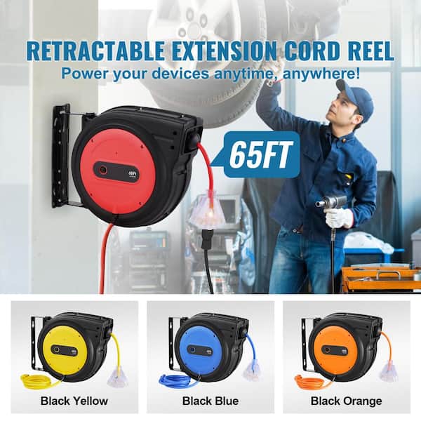 65 ft. 12/3 15Amp Red Retractable Extension Cord Reel Heavy Duty Retractable Power Cord with Lighted Triple Tap Outlet