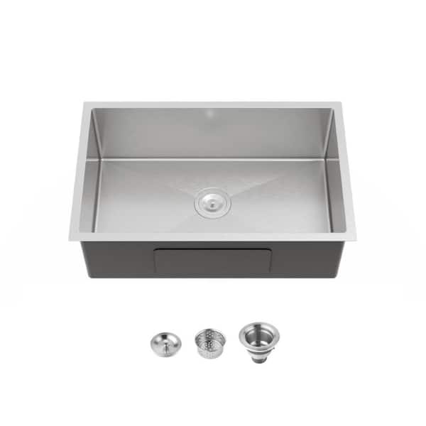 30 in. Undermount Single Bowl 20 Gauge Silver Stainless Steel Kitchen Sink with Drain