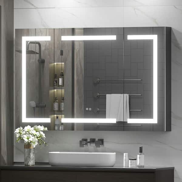 48 in. W x 30 in. H Rectangular LED Lighted Anti-Fog Tempered Glass Aluminum Medicine Cabinet with Mirror In Black
