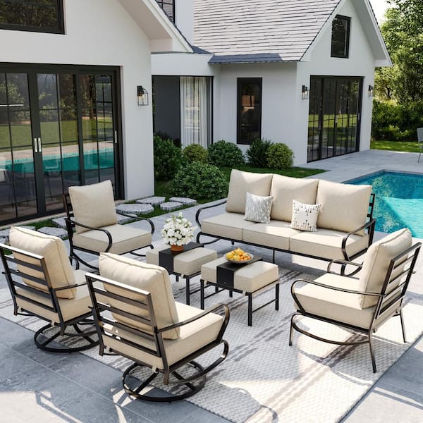 Poteban Beige 7-Person Iron Metal Material Patio Conversation Set With Cushions