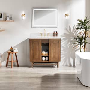 36 in. Solid Wood Freestanding Single Sink Bath Vanity with White Cultured Marble Top, Soft-Close Door, Oak