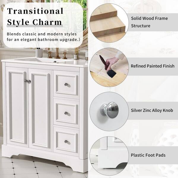 Ziyudura 36 in. Single Sink Freestanding White Bath Vanity with