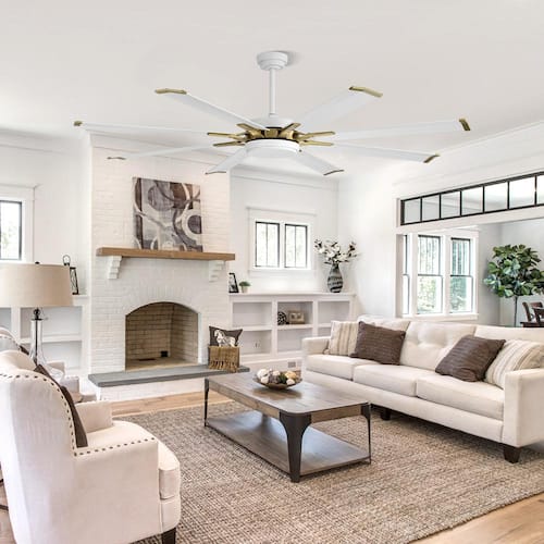 96 in. (8 ft.) Indoor Aluminum Blades Ceiling Fan with Remote, White and Gold Lighting