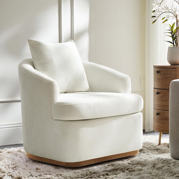 Irene Ivory Polyester Swivel Armchair with Solid Wood Legs