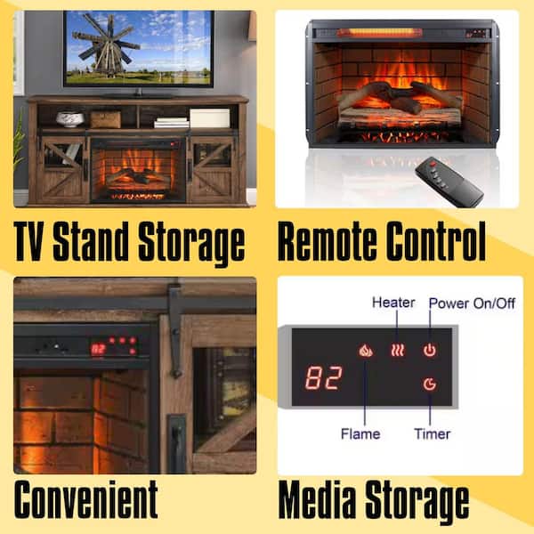 60 in. Freestanding Ultra Thin Tempered Glass Front Smart Electric Fireplace and TV Stand with Remote in Brown