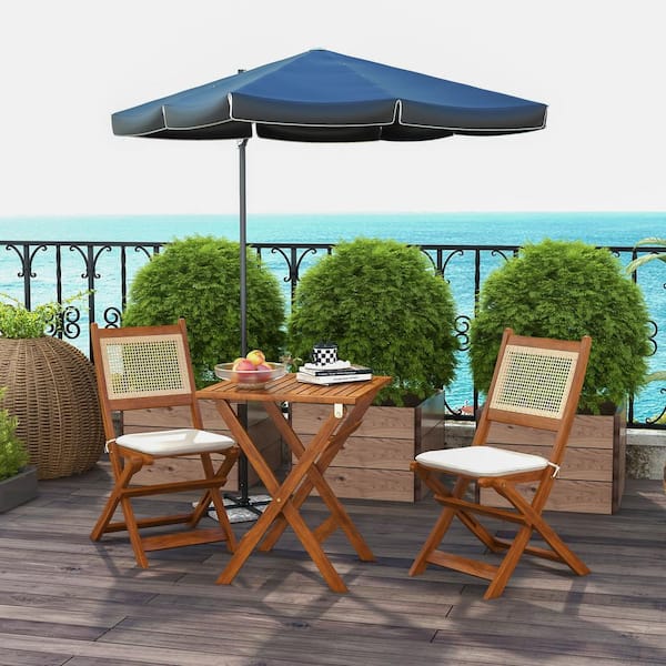 Unbranded 3-Pieces Patio Wood Conversation Patio Bistro Set with White Cushions