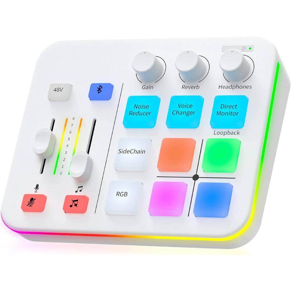 Gaming Audio Mixer, Audio Interface with Pro-preamp, RGB, Bluetooth, 48V Phantom Power (White)