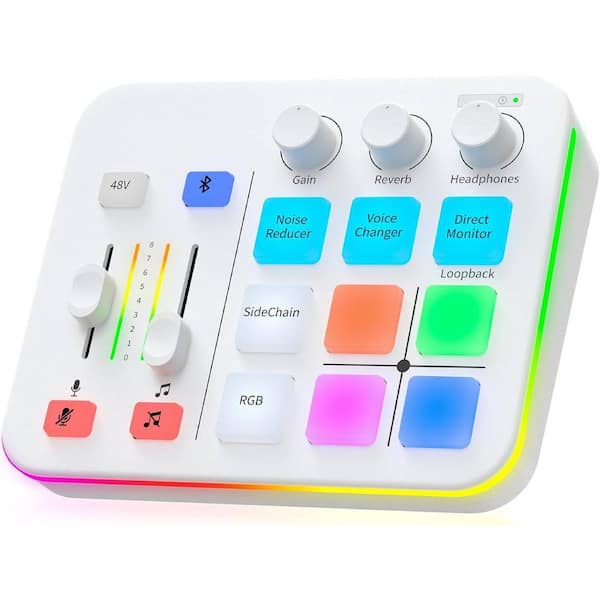 Yichuhaoxi Gaming Audio Mixer, Audio Interface with Pro-preamp, RGB, Bluetooth, 48V Phantom Power (White)