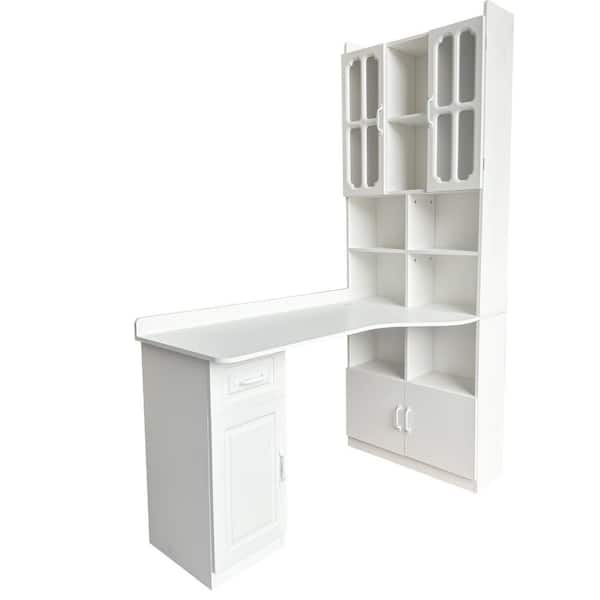 55 in. 2-in-1 L-Shaped White Corner Computer Desk with Drawers Bookshelf and Hutch Large Working Space Executive Desk