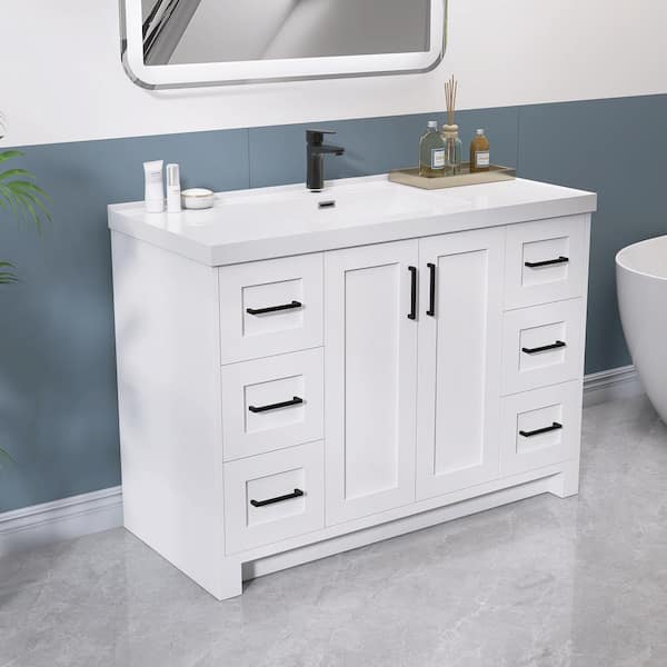 48 in. W x 22 in. D x 35 in. H Single Sink Freestanding Bath Vanity Bathroom in White with White Solid Surface Stone Top