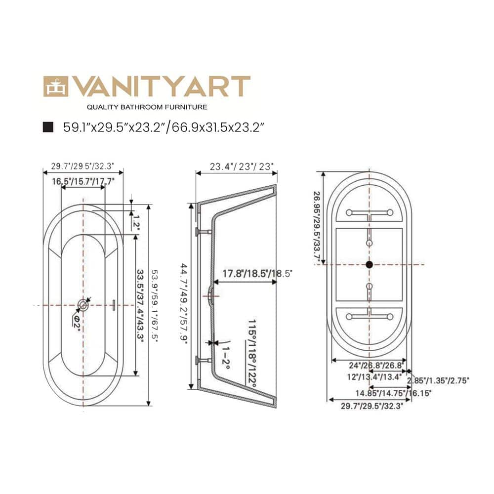67" x 32" White Freestanding Acrylic Soaking Bathtub