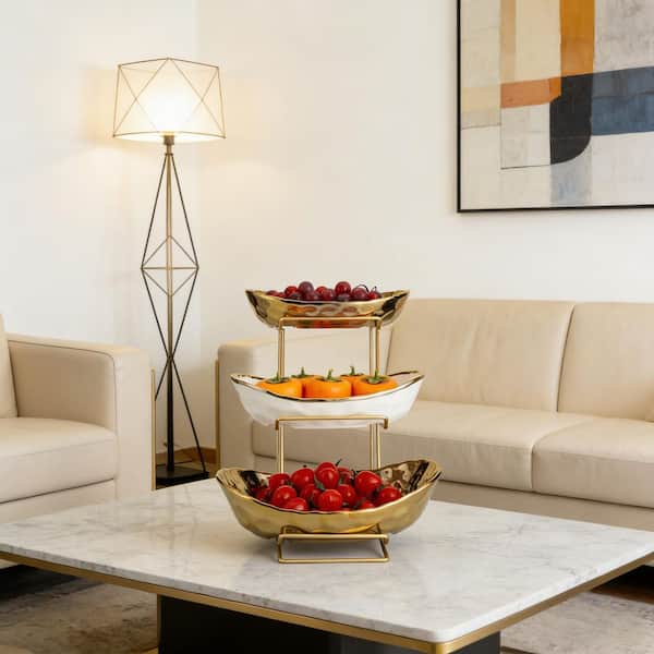 1 Piece 3-Tier Gold Ceramic Decorative Fruit Bowl Fruteros Para Cocina for Kitchen Counter Storage Set