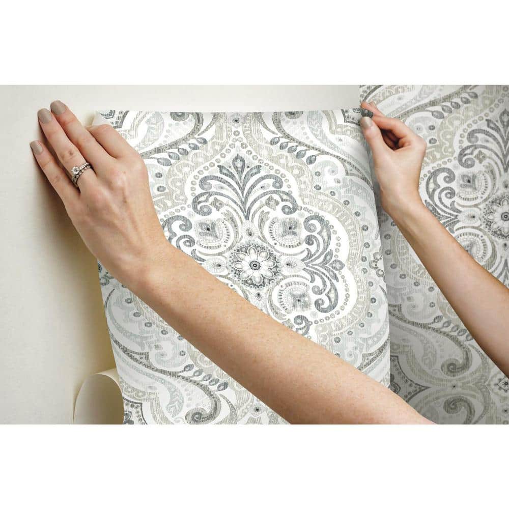 Taupe and Gray Damask Peel and Stick Wallpaper Roll