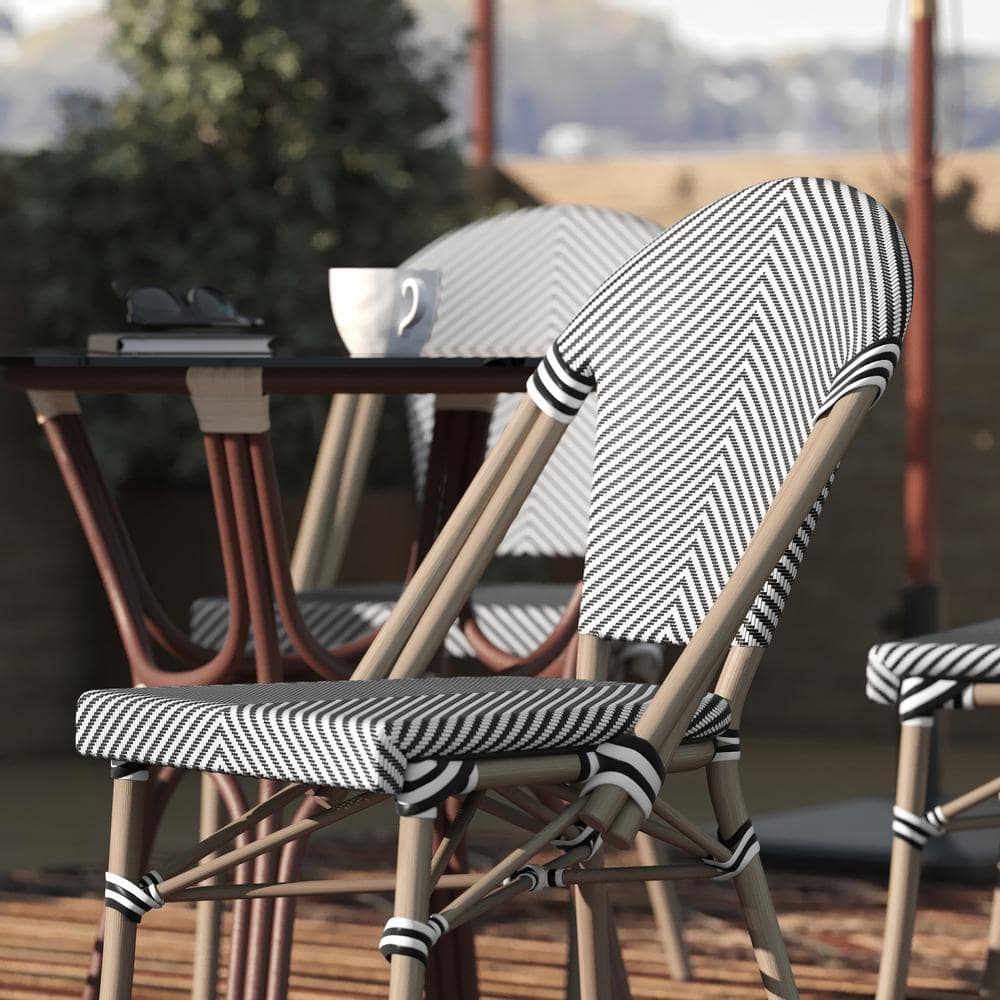 Black and White Armless French Bistro Stacking Chair with Metal Frame