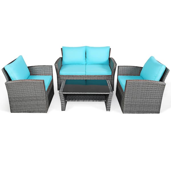 Costway 4-Pieces Wicker Patio Conversation Set with Turquoise Cushions