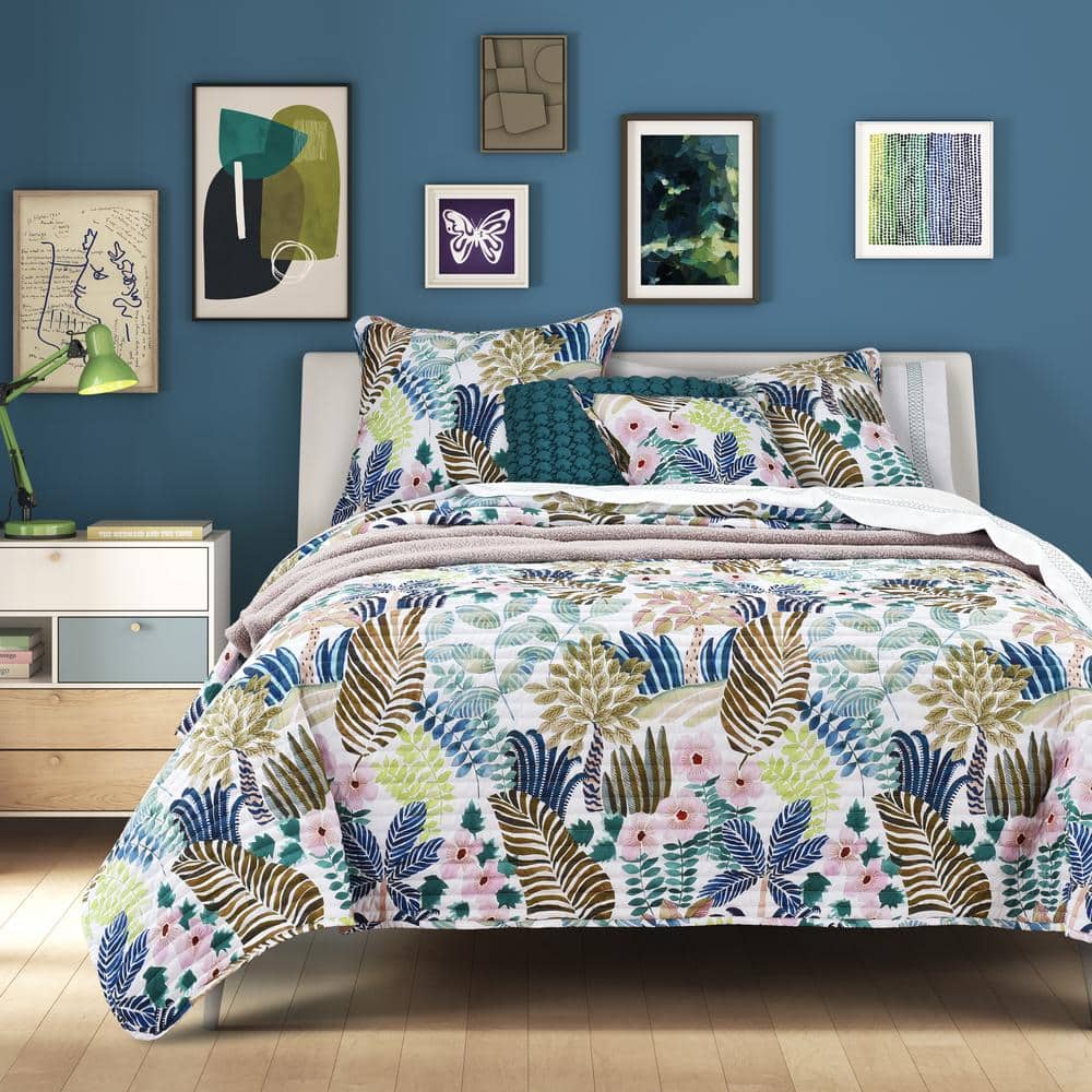Blue Tropical Microfiber Queen Quilt Set with Shams
